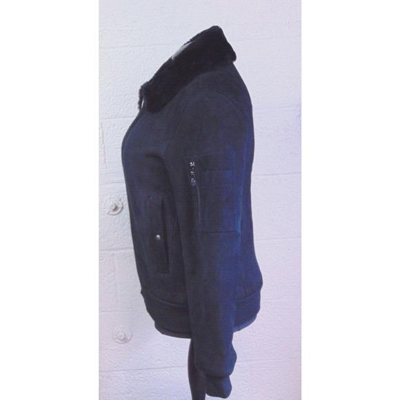 Elie Tahari Black Shearling Short Coat 100% Leather with Fur Collar Size Small - Picture 3 of 8